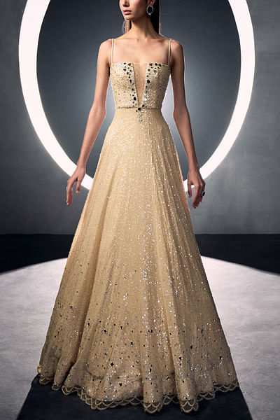 Beige sequin and mirror embellished gown