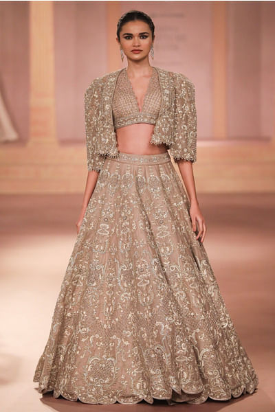 Beige thread embroidered lehenga set