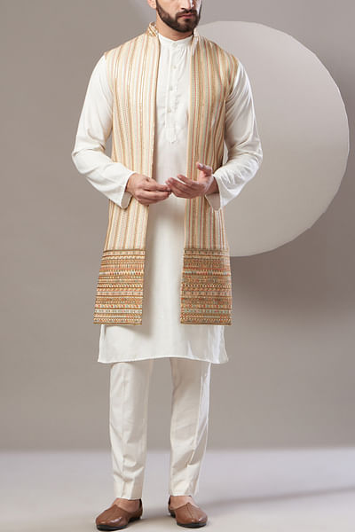 Beige thread embroidered long jacket