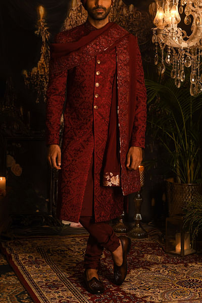 Berry maroon floral embroidery sherwani set