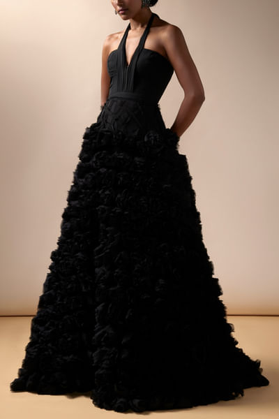 Black 3D floral embellished gown