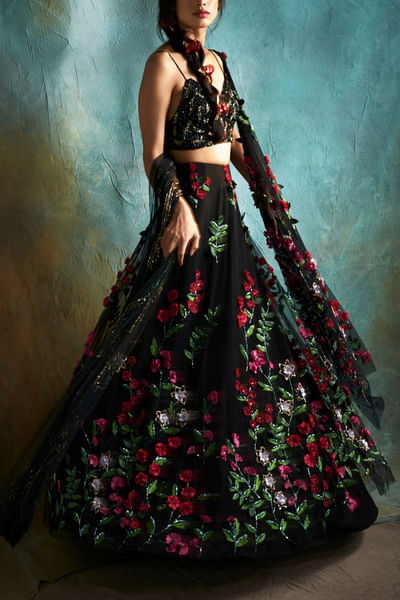 Black 3D floral embellished lehenga set