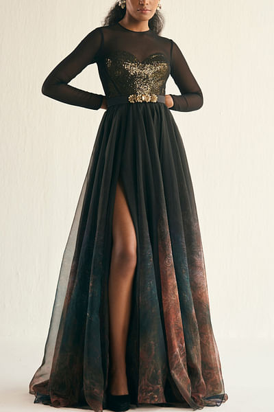 Black abstract print sequinned gown