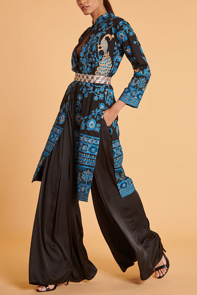 Black and blue floral embroidery achkan set
