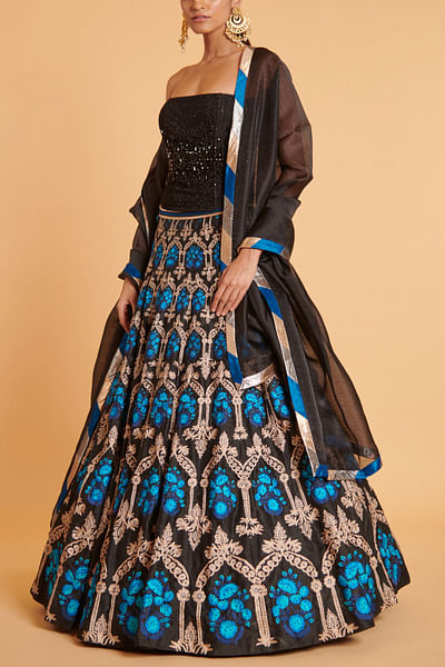 Black and blue floral embroidery lehenga set