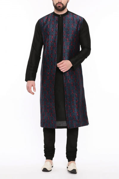 Black and blue motif print panelled kurta set