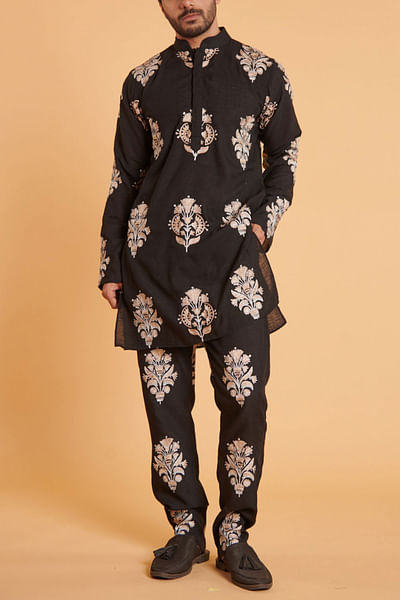Black and gold floral embroidery kurta set