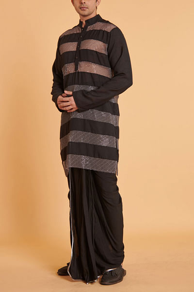 Black and grey stripe crystal mesh kurta set