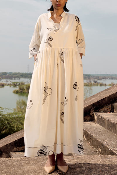Black and off-white fruit print maxi dress