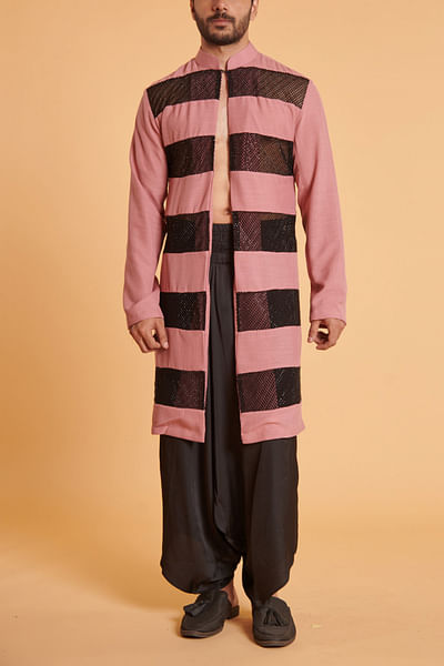 Black and pink striped crystal mesh achkan set