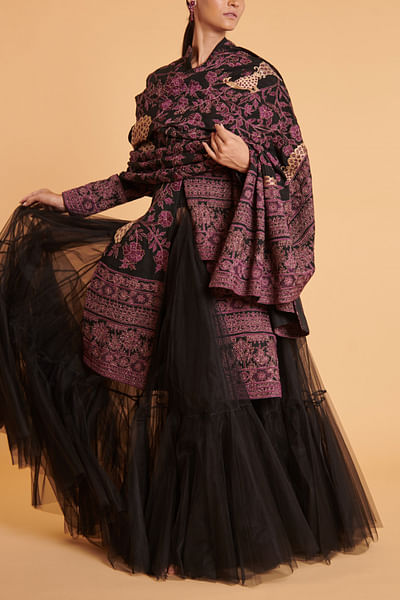 Black and purple floral embroidery achkan set