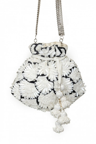 Black and white floral embroidery potli bag