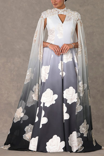 Black and white floral print gown and cape