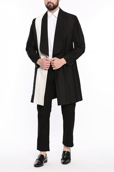 Black and white linen trench coat