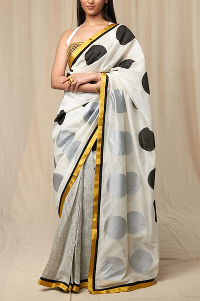 Black and white polka dot printed sari set