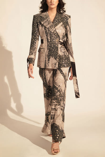 Nikita Mhaisalkar Black and white stroke printed pantsuit set NIMMAY42