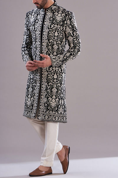 Black and white thread embroidered sherwani.