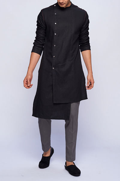 Black asymmetric thread embroidery kurta