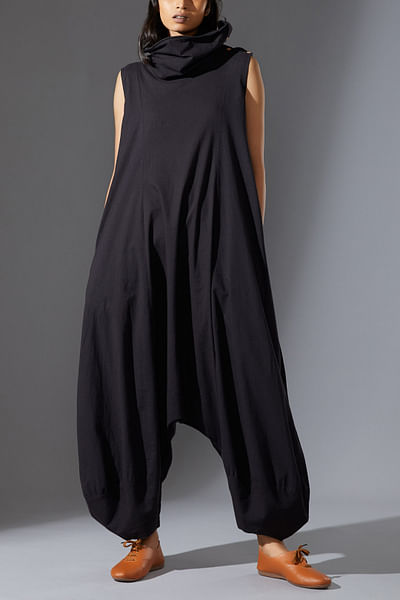 Black balloon woven cotton jumpsuit