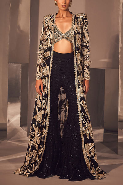 Black bugle and bead embroidered long jacket set