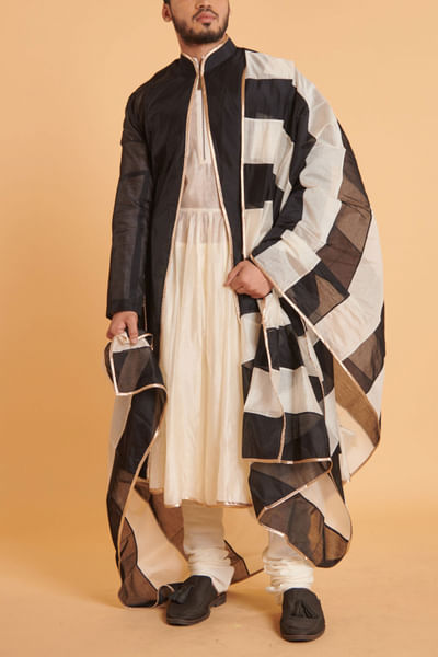 Black chanderi achkan and anarkali set