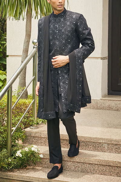Black chikankari embroidery sherwani set
