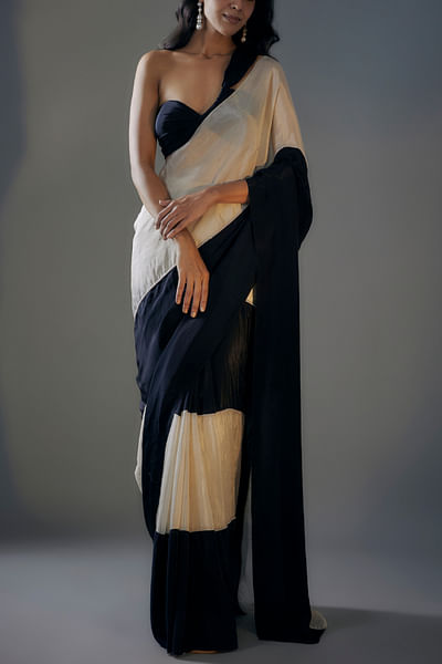 Black colour block sari set