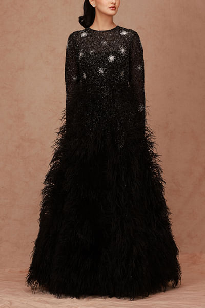 Black crystal and feather embellished gown