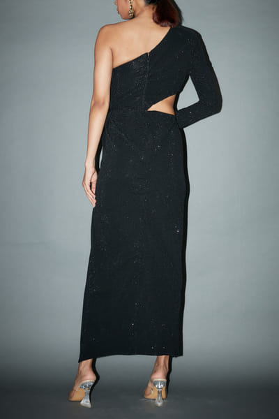 Itrh Black crystal embellished one-shoulder dress ITHOCT2312