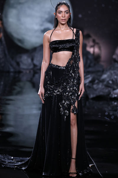 Black crystal embroidery draped saree set