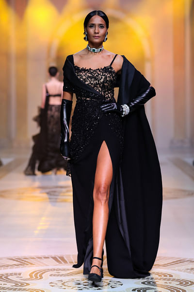 Black crystal embroidery lace draped gown