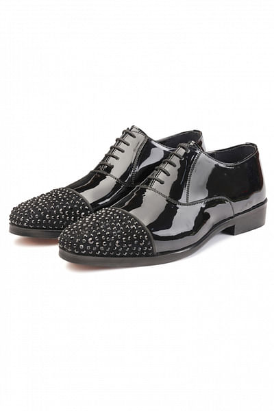 Black crystal studded lace-up shoes