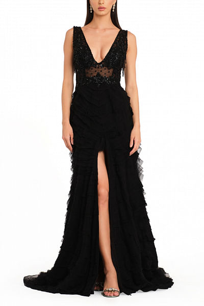 Black cutdana and frill detailed gown