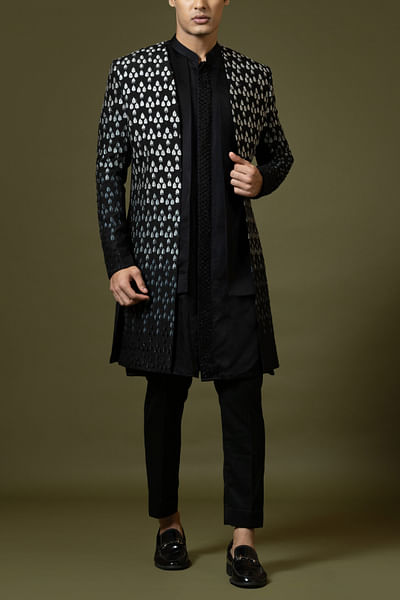 Black cutdana embellished achkan kurta set