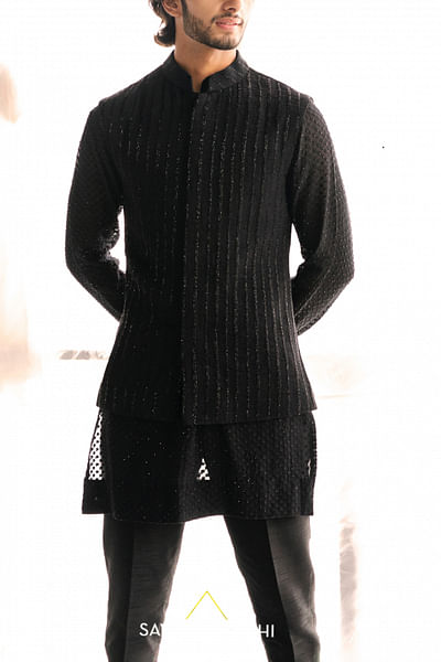 Black cutdana embellished Nehru jacket set
