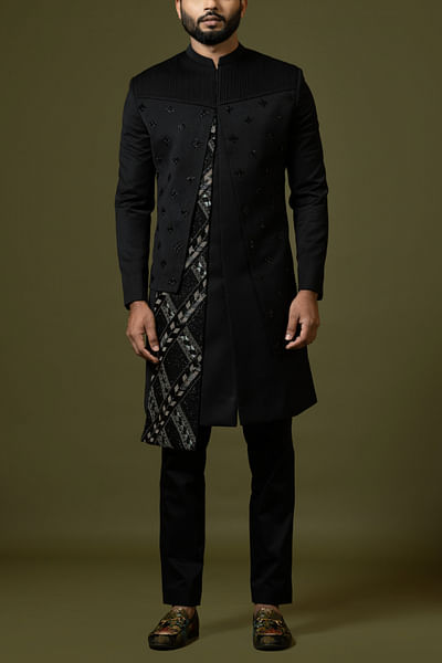 Black cutdana embellished panelled achkan set