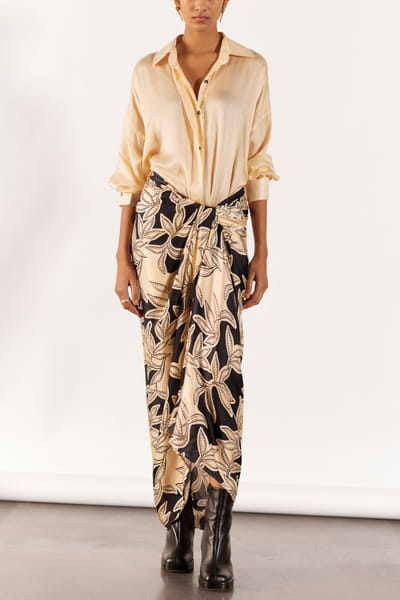 Black digital print draped skirt set