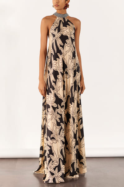 Black digital print halter dress