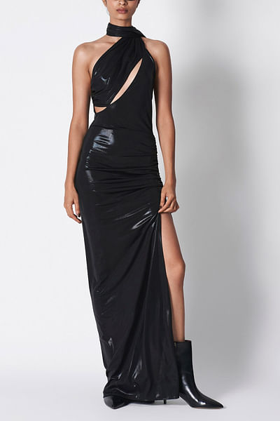 Black draped slit gown