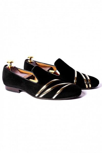 Black embellished velvet loafers