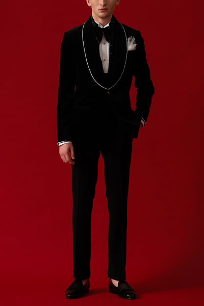 Black embellished velvet tuxedo set