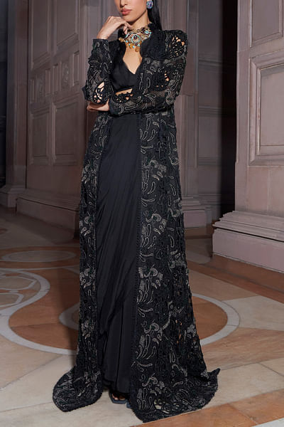 Black embroidered and cutwork jacket sari set