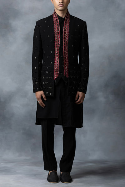 Black embroidered bandhgala set