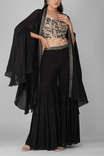 Black embroidered blouse with cape and gharara set