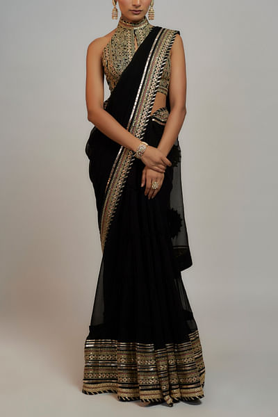 Black embroidered chiffon lehenga sari set