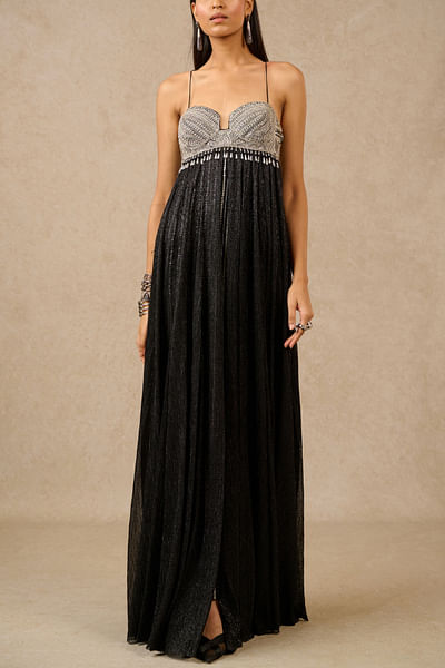 Black embroidered column gown