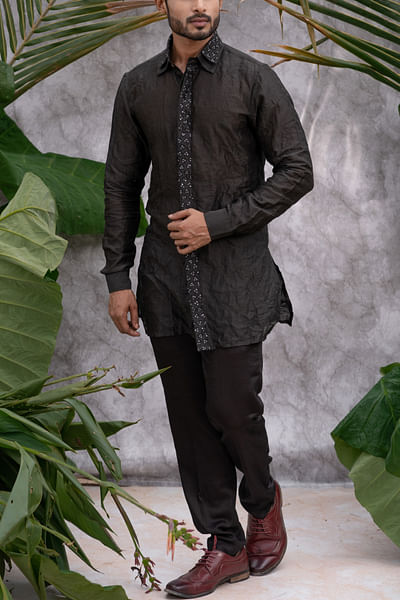 Black embroidered crushed shirt kurta set
