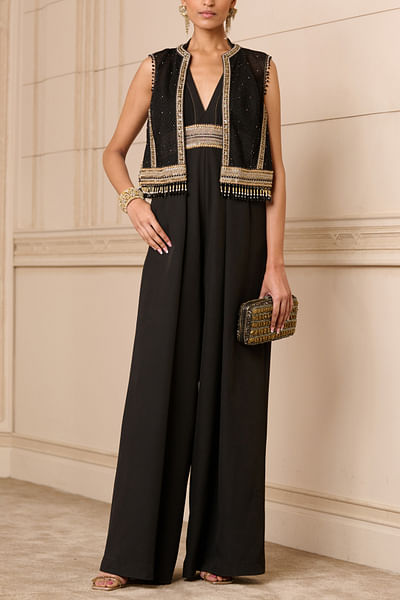 Black embroidered gilet and jumpsuit