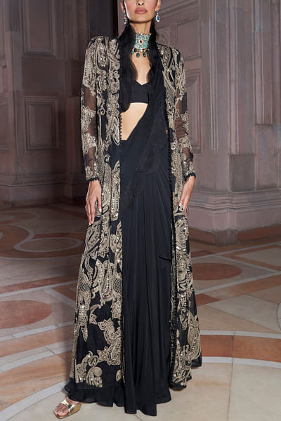 Black embroidered jacket and pre-draped sari set