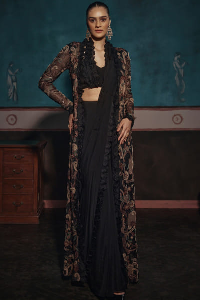Black embroidered jacket and sari set